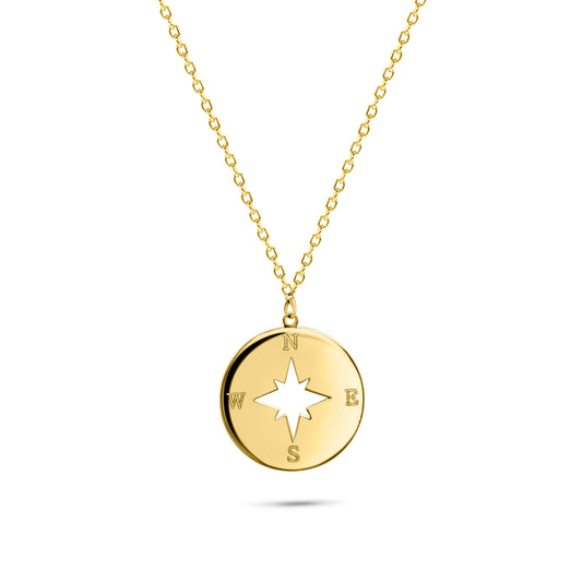 14K Gold Polished North Star Disc Necklace